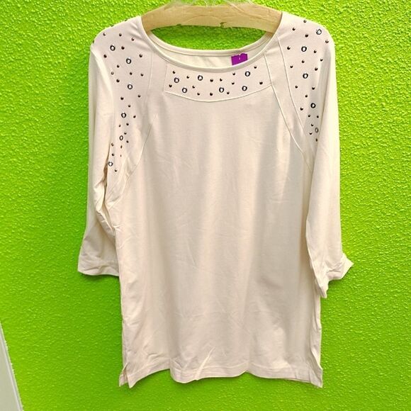 Cream 3/4 Sleeve Blouse with Embellished Neckline - Picture 1 of 3